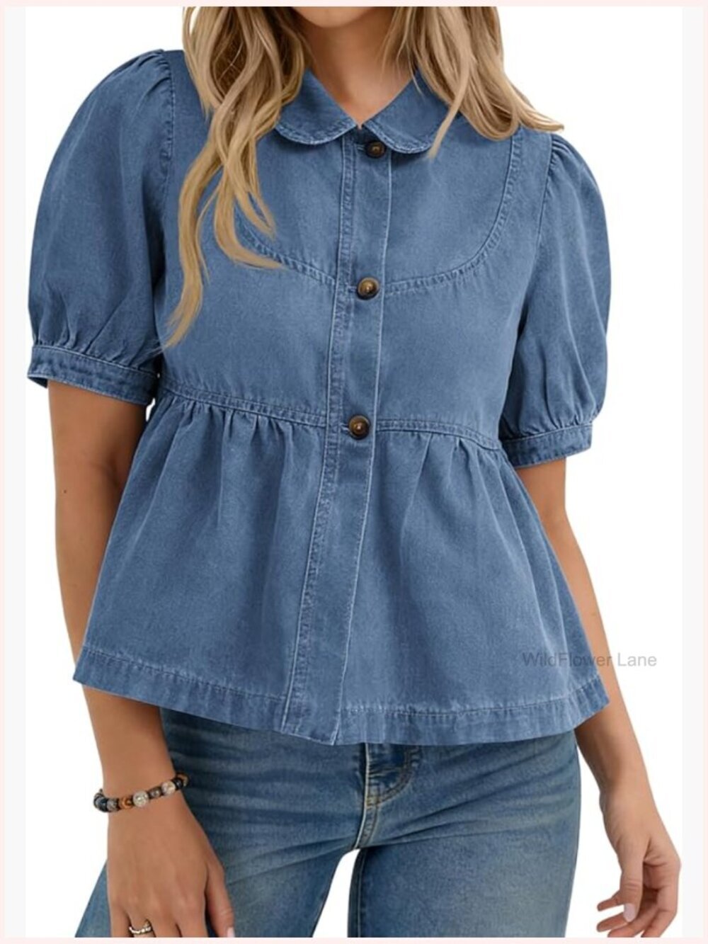 Button Down Denim Shirt Short Puff Sleeve Babydoll Peplum Casual Jean Top